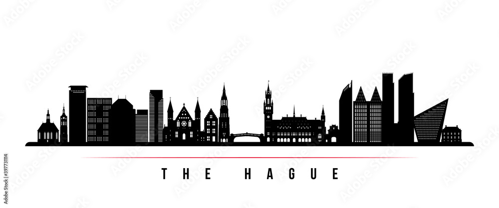 The Hague skyline horizontal banner. Black and white silhouette of The Hague City, Netherland. Vector template for your design.