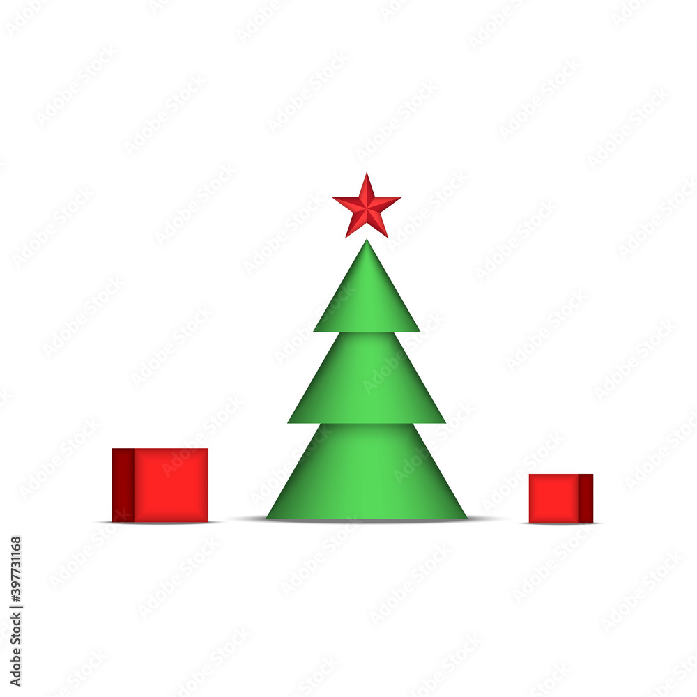 Christmas tree with red star and gift red boxes, New Year is holiday decorations isolated on white, vector 3d clip art. Christmas tree with red star and gift red boxes, New Year is holiday decorations isolated on white, vector 3d clip art.