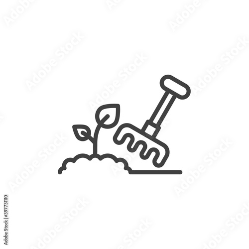 Plant cultivating with rake line icon. linear style sign for mobile concept and web design. Planting tree outline vector icon. Symbol, logo illustration. Vector graphics