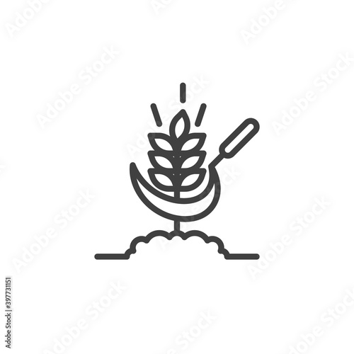 Wheat and scythe line icon. linear style sign for mobile concept and web design. Sickle and wheat outline vector icon. Farming, harvest symbol, logo illustration. Vector graphics