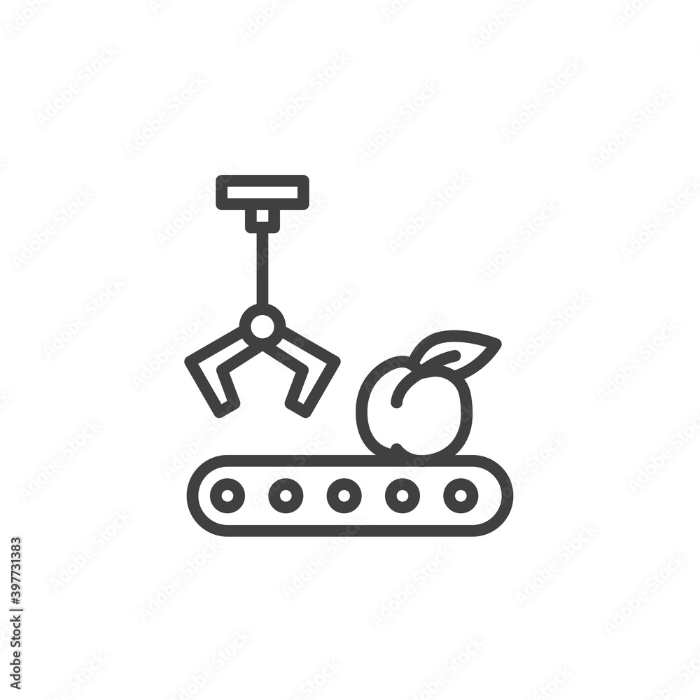 Fruit conveyor line icon. linear style sign for mobile concept and web design. Apple sorting conveyor outline vector icon. Symbol, logo illustration. Vector graphics Fruit conveyor line icon. linear style sign for mobile concept and web design. Apple sorting conveyor outline vector icon. Symbol, logo illustration. Vector graphics
