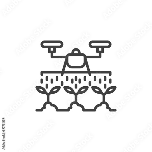 Drone irrigation line icon. linear style sign for mobile concept and web design. Drone watering plants outline vector icon. Modern agricultural symbol, logo illustration. Vector graphics