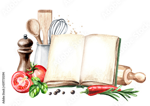 Cookig concept template. Open cookbook with copy space and vegetables with kitchen utensils. Watercolor hand drawn illustration, isolated on white background photo