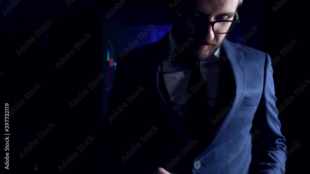 Business man in suit giving presentation with tablet Business man in suit giving presentation with tablet