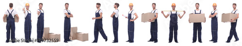 panoramic collage of male handyman isolated on white
