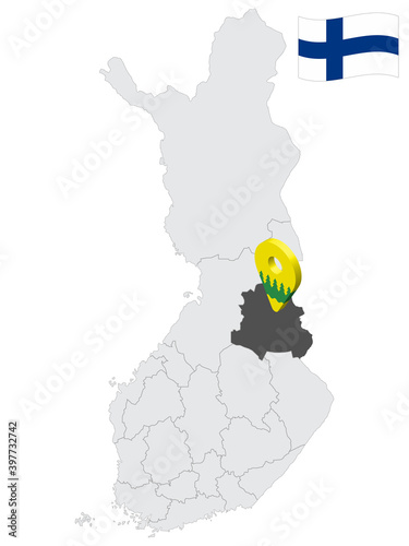 Location Kainuu Region  on map Finland. 3d location sign similar to the flag of  Kainuu. Quality map  with regions of  Finland for your design. EPS10. photo