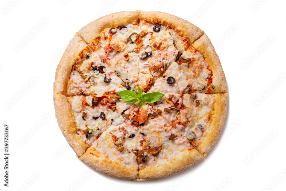 pizza with mozzarella cheese, ham, vegetables and pepperoni isolated on white background pizza with mozzarella cheese, ham, vegetables and pepperoni isolated on white background