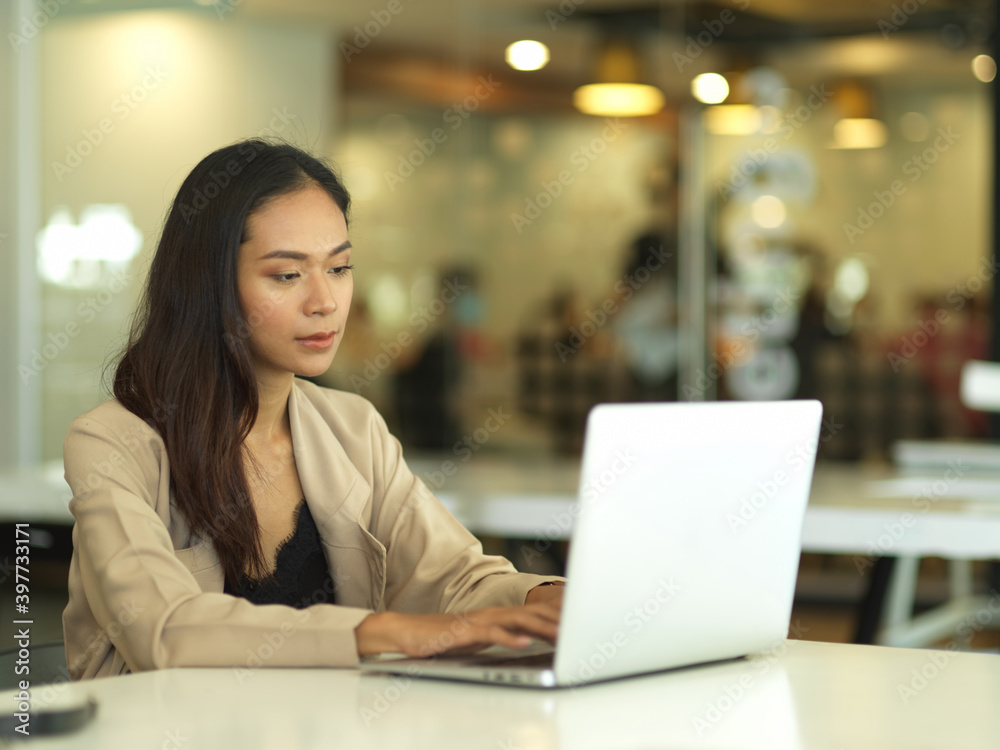 Portrait of businesswoman working with laptop in modern office room
