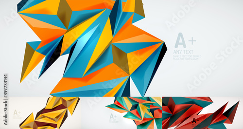 Set of 3d low poly style geometric shape on light backgrounds