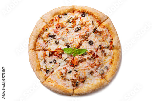pizza with mozzarella cheese, ham, vegetables and pepperoni isolated on white background