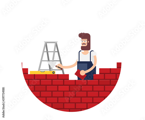 Flat young man bricks stacker with equipment makes wall.