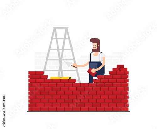 Flat young man bricks stacker with equipment makes wall.