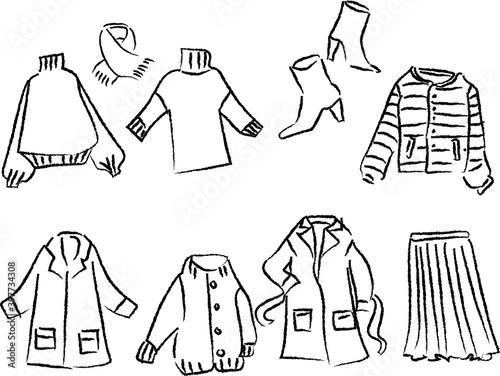 女性の冬のファッションイラスト線画