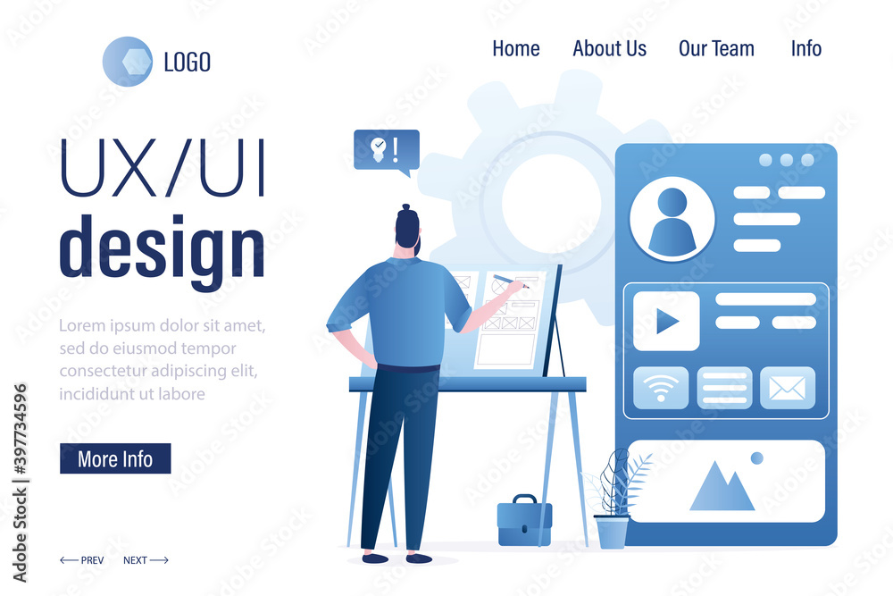 UX & UI design, landing page template. Designer creates structure of information blocks of mobile application. Programmer at workplace.