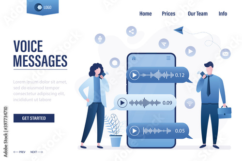 Voice messages landing page template. Business people use smartphones. Online chat technology, talking in instant messengers