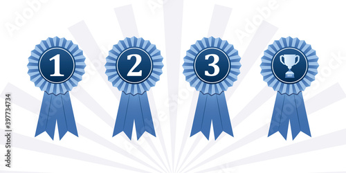 Set of winner medal signs. Quality marks with various symbols. Numbers 1,2,3 and cup in circles. Emblem with ribbons.