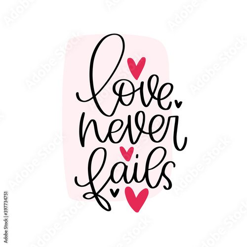 Bible verse 1 Corinthians 13:4-8 for Valentine’s day, greeting card design. Love never fails calligraphy vector quote about stable marriage.