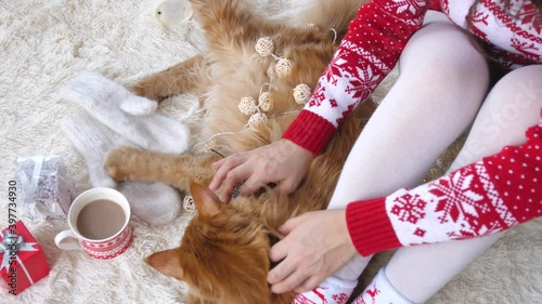 Girl relaxing and playing with cat on fluffy floor between Christmas decorations. Christmas and new year concept