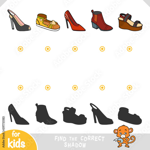 Find the correct shadow, education game. Set of womens shoes