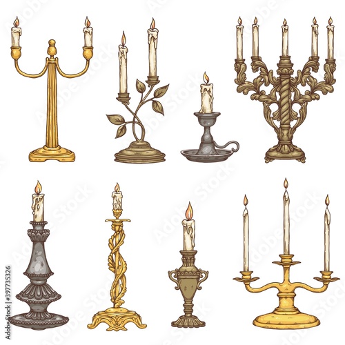 Set of candles in vintage metal candlesticks a vector isolated illustrations.