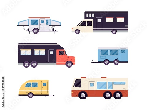 Camping trailers for travel, tourism and adventure in summer vacation.