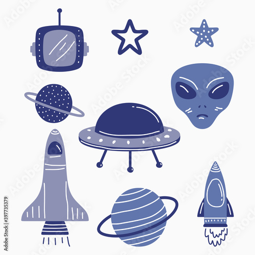 Cartoon fantasy alien planets set, funny elements for another universe design. Aliens and ufo vector objects isolated on white background. Cool cosmic collection for textile, phone case