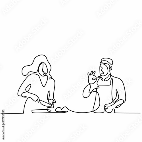 Continuous one line drawing man and woman cooking together. Young male and female prepares food in the kitchen, activity during family and leisure time. Enjoy with hobby. Vector illustration