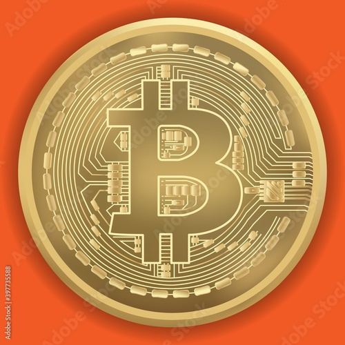 Gold bitcoin coin. Gold cryptocurrency coin on orange background. Vector illustration