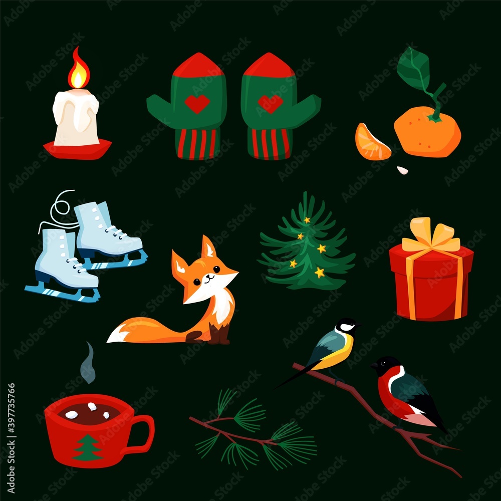Christmas set with cartoon New Year characters. Colorful collection of xmas elements for greeting card design. Forest animals, mittens, winter holiday objects in retro style. Vector