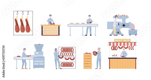 Stages processing of raw meat to ready made food a vector flat illustration