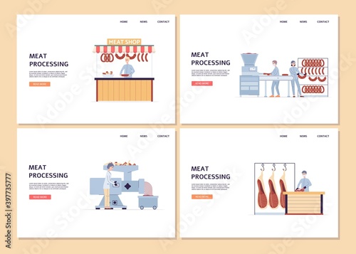 A set of vector landing pages templates for industrial meat factory.