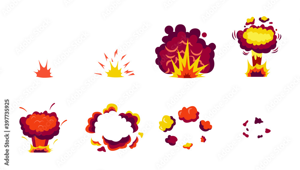 Set comic book bomb explosion effects, flat cartoon vector illustration ...