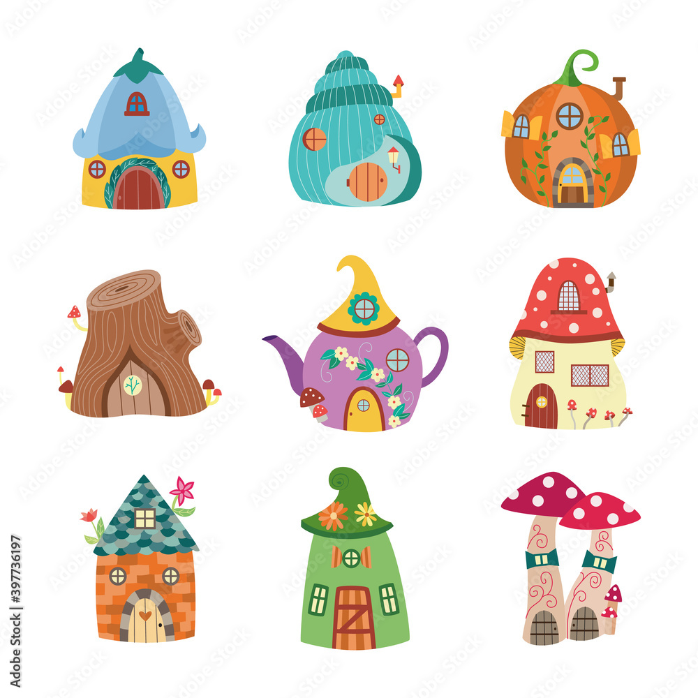 Fantasy houses with flowers for gnome or elf a set of vector illustrations.