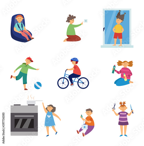 A vector set of characters of little kids in dangerous situations.