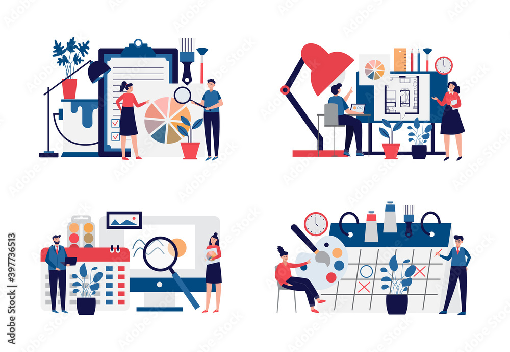 Set interior designers work on design project flat vector illustration isolated. Set interior designers work on design project flat vector illustration isolated.