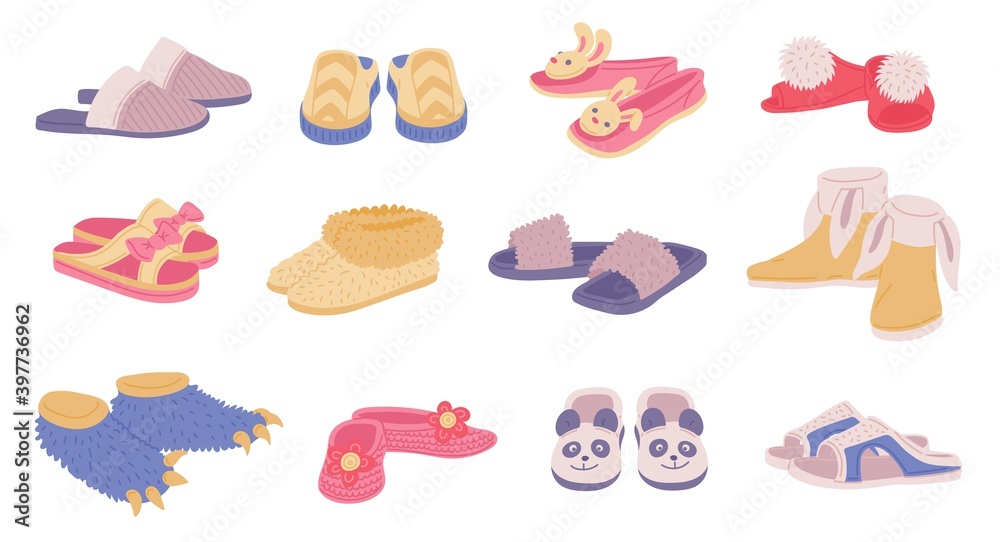 Set of male, female and children cozy domestic slippers a vector illustration Set of male, female and children cozy domestic slippers a vector illustration