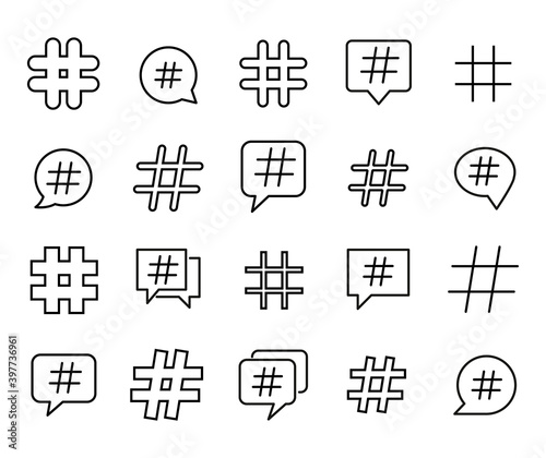 Stroke line icons set of hashtag.