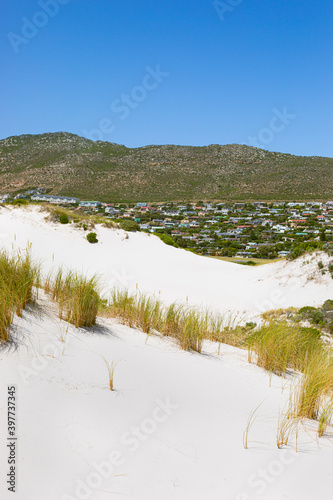 Mountains and dunes in Fish Hoek, a small sleepy holiday destination in Cape Town
