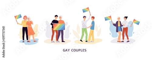 Vector banner with lgbt couples holding rainbow flags.