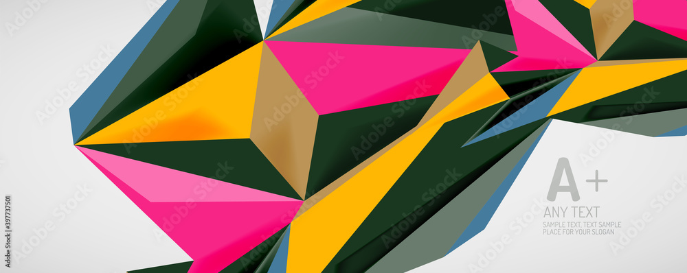 Vector triangle geometric backgrounds. Low poly 3d shape on light backdrop. Vector illustration for covers, banners, flyers and posters and other designs Vector triangle geometric backgrounds. Low poly 3d shape on light backdrop. Vector illustration for covers, banners, flyers and posters and other designs