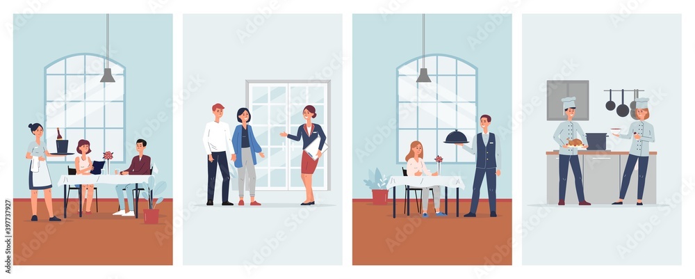 Fototapeta premium Set cards with restaurant staff and people eating out, flat vector illustration.