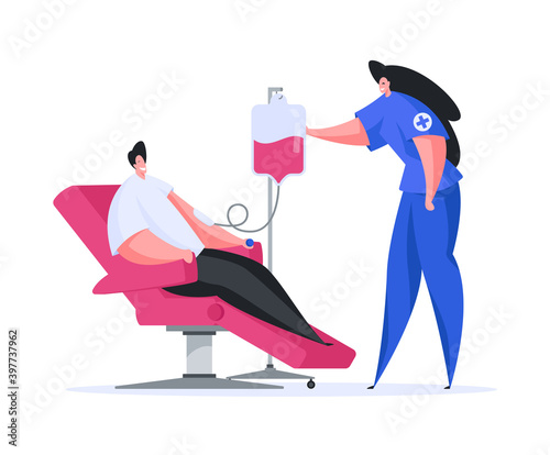 Medical nurse giving blood transfusion to male patient