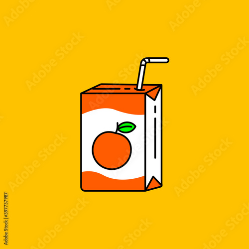 Orange juice with paper box packaging vector illustration isolated on orange background. Linear color style of orange juice icon