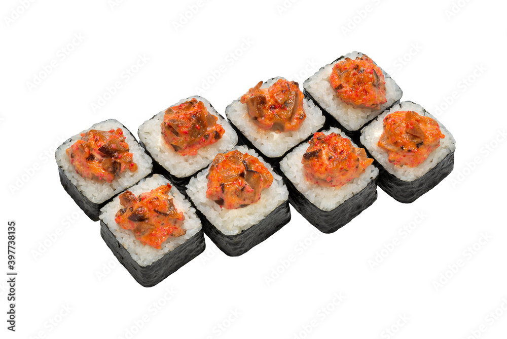 Maki (roll) baked. Japanese food. Copy space, studio shot, isolated. Maki (roll) baked. Japanese food. Copy space, studio shot, isolated.