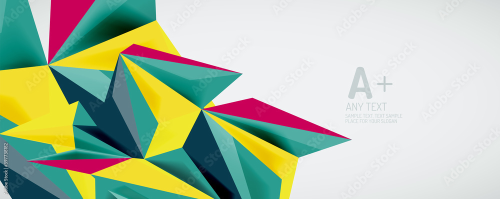 Vector triangle geometric backgrounds. Low poly 3d shape on light backdrop. Vector illustration for covers, banners, flyers and posters and other designs Vector triangle geometric backgrounds. Low poly 3d shape on light backdrop. Vector illustration for covers, banners, flyers and posters and other designs