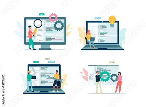 Programming code testers in front of browser page, flat vector illustration isolated on white background.