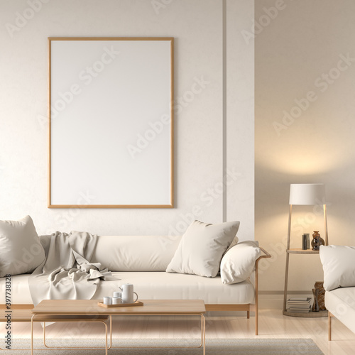 Mock up poster frame in Scandinavian style interior with modern furnitures. Minimalist interior design. 3D illustration.