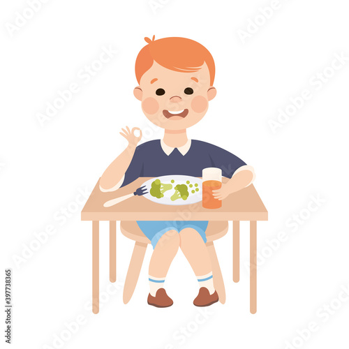 Obedient Boy with Good Breeding at Kitchen Table Eating Healthy Breakfast Vector Illustration