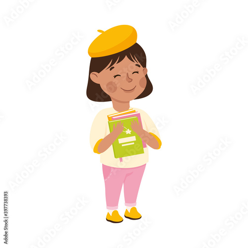 Obedient Girl Character with Good Breeding Holding Books Vector Illustration