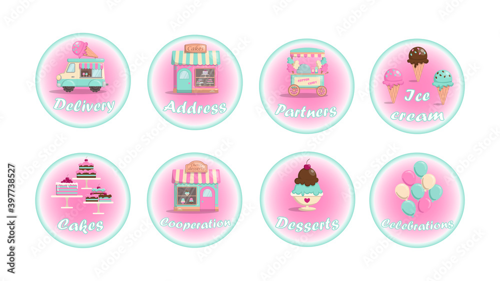 Set of icons with sweets, pastry shop, bakery, ice cream van, balloons, holiday. Shop for desserts, cotton candy and cakes. Isolated on a white background. Set of icons with sweets, pastry shop, bakery, ice cream van, balloons, holiday. Shop for desserts, cotton candy and cakes. Isolated on a white background.
